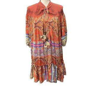 ARTKA Peasant Dress L Multi Floral Boho Hippie Cottage Puff Sleeves Lace Tassel